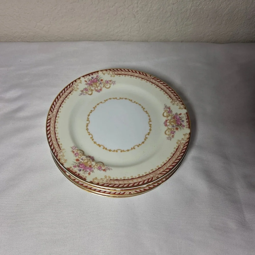 Noritake Japan Vintage Bread Butter Plates Set/4 Floral Gold Red Border 6.25in